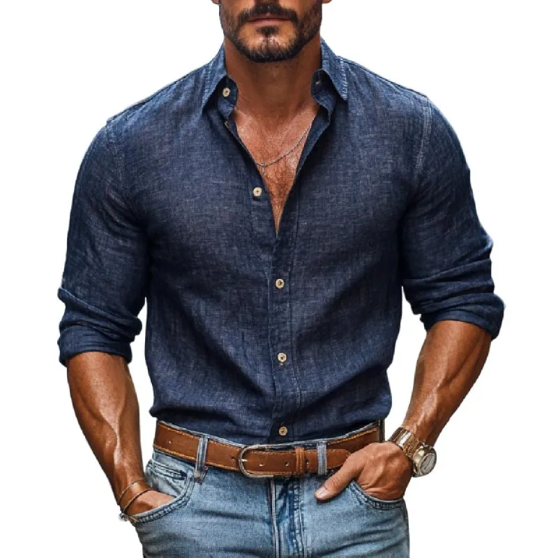 Men's Casual Cotton Linen Lapel Slim Fit Long Sleeve Shirt 94237599M sold by Manly