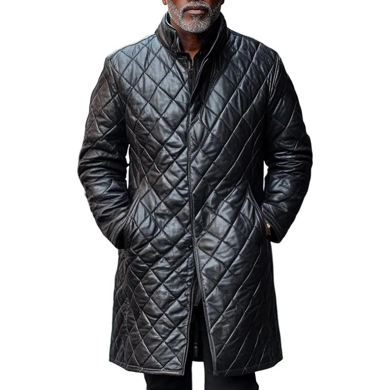 Men's Classic Stand Collar Mid-Length Quilted Zipper Leather Coat 66112061F sold by Manly