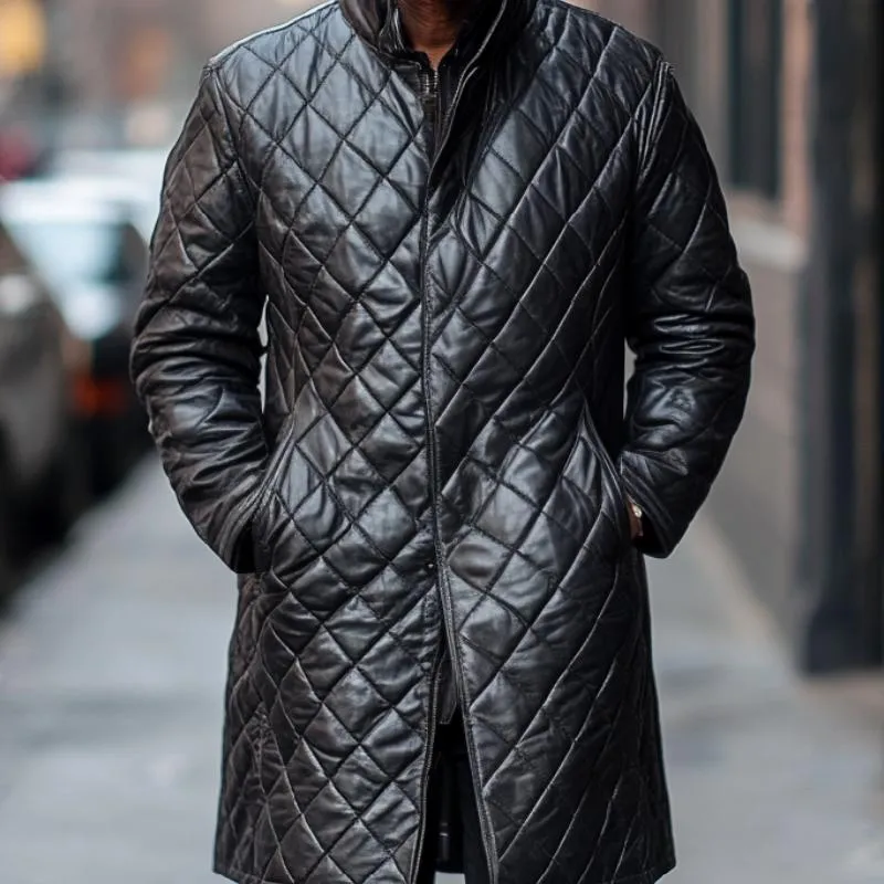 Men's Classic Stand Collar Mid-Length Quilted Zipper Leather Coat 66112061F sold by Manly product image thumbnail 3