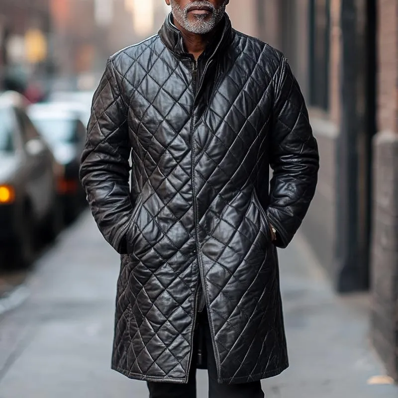 Men's Classic Stand Collar Mid-Length Quilted Zipper Leather Coat 66112061F sold by Manly product image thumbnail 2