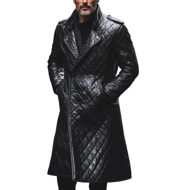 Men's Classic Vintage Lapel Long Quilted Leather Coat 00002669F sold by Manly