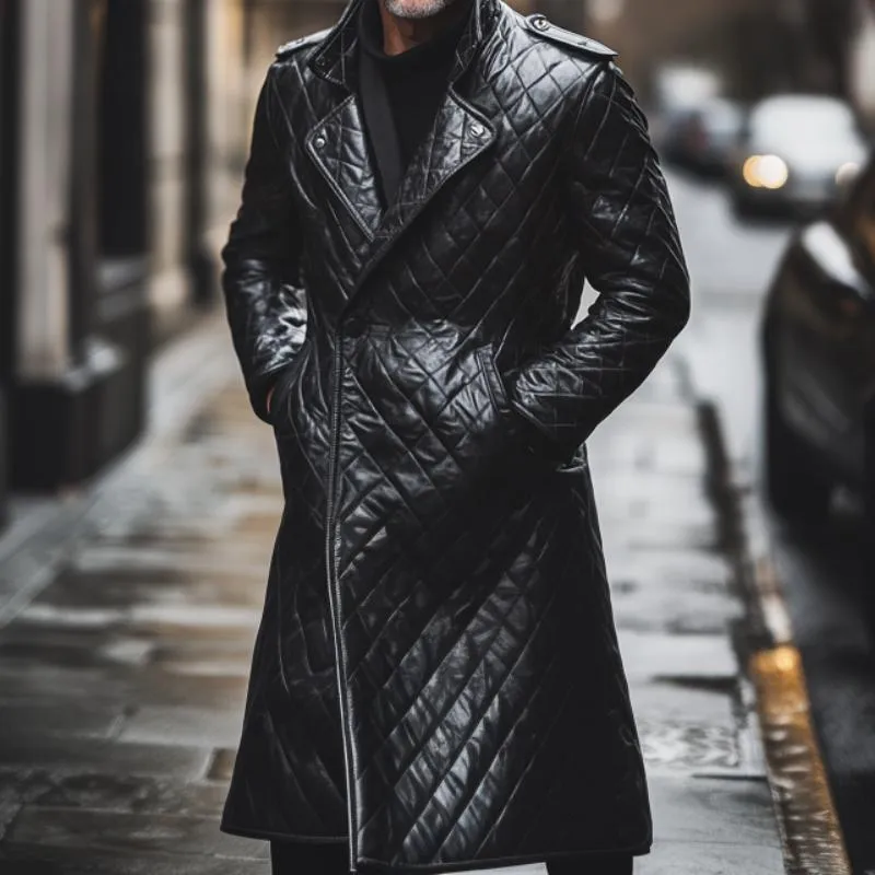 Men's Classic Vintage Lapel Long Quilted Leather Coat 00002669F sold by Manly product image thumbnail 3