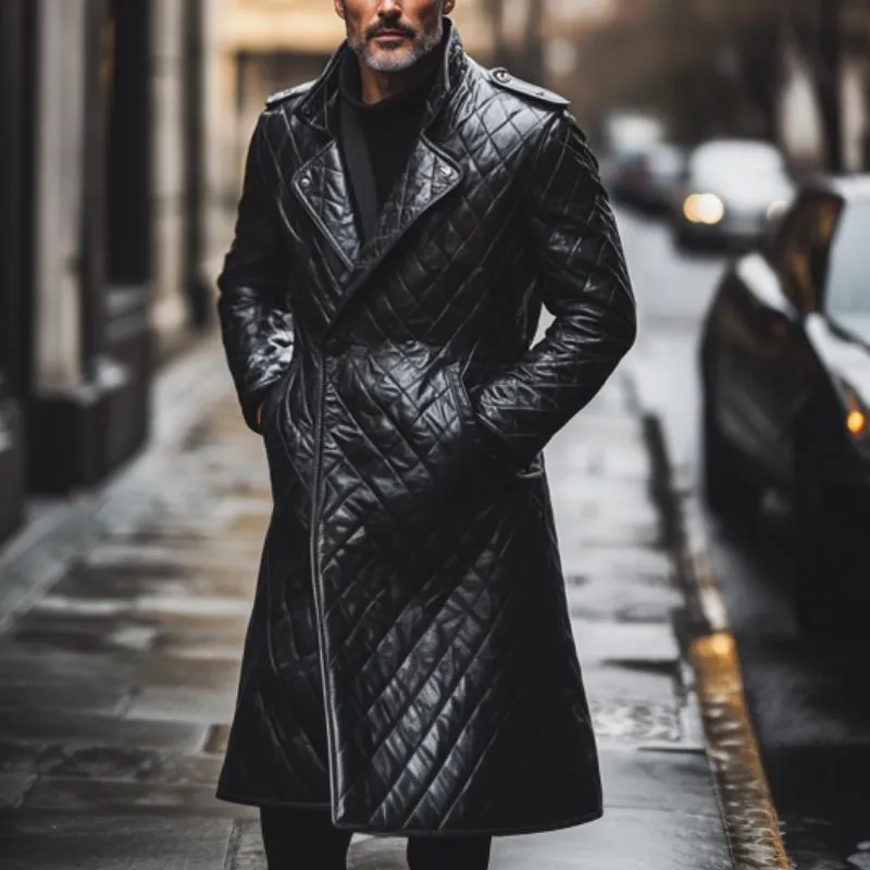 Men's Classic Vintage Lapel Long Quilted Leather Coat 00002669F sold by Manly product image thumbnail 2