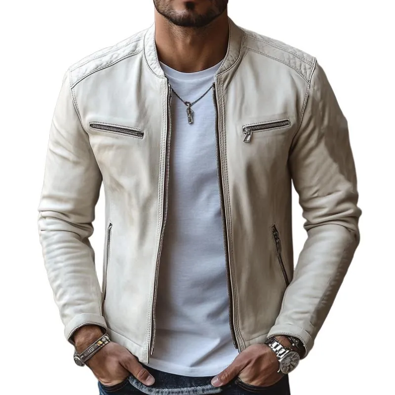 Men's White Zipper Leather Jacket 42853906U sold by Manly