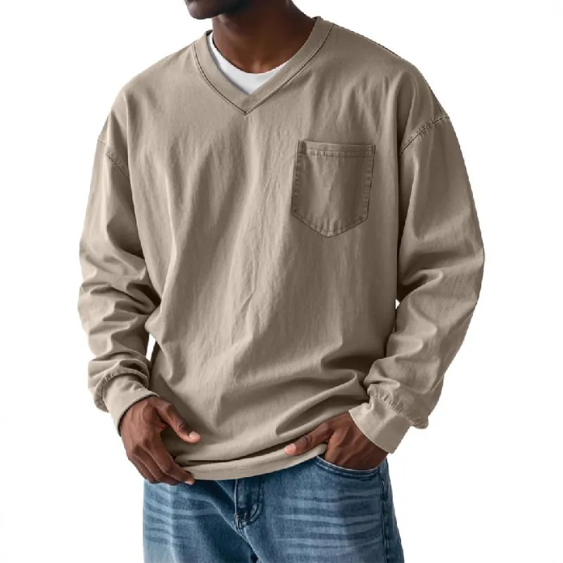 Men's Solid Color V-neck Long-sleeved T-shirt 57419857X sold by Manly