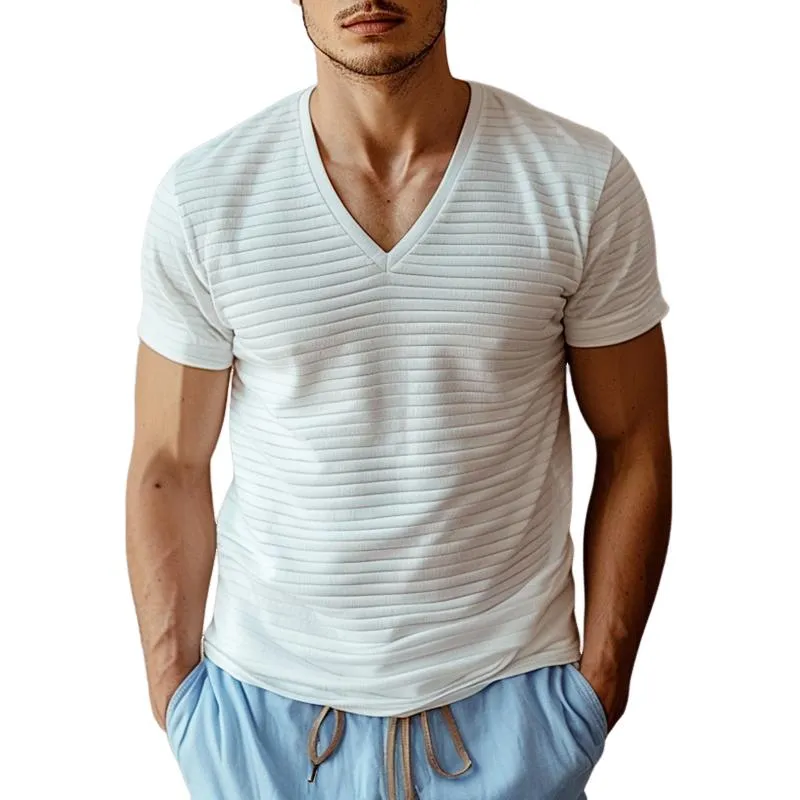 Men's Casual V-neck Ribbed Short-sleeved T-shirt 60843453M sold by Manly