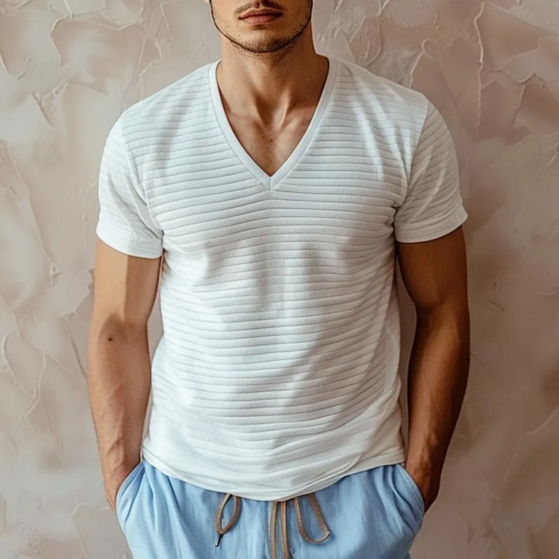 Men's Casual V-neck Ribbed Short-sleeved T-shirt 60843453M sold by Manly product image thumbnail 2