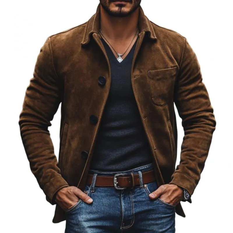 Men's Casual Suede Lapel Single-breasted Loose Jacket 34874257M sold by Manly