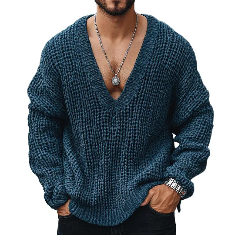Men's Retro Casual Mixed Color Sexy V-Neck Sweater 84080364TO sold by Manly