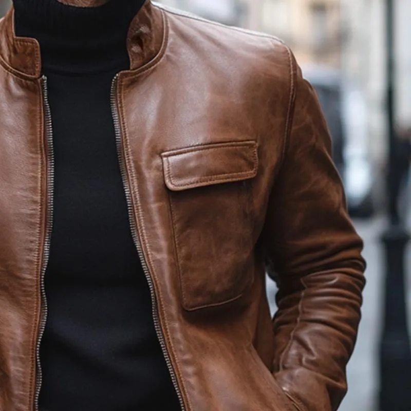 Men's Vintage Casual Lapel Pocket Zipper Leather Jacket 33158219TO sold by Manly product image thumbnail 3