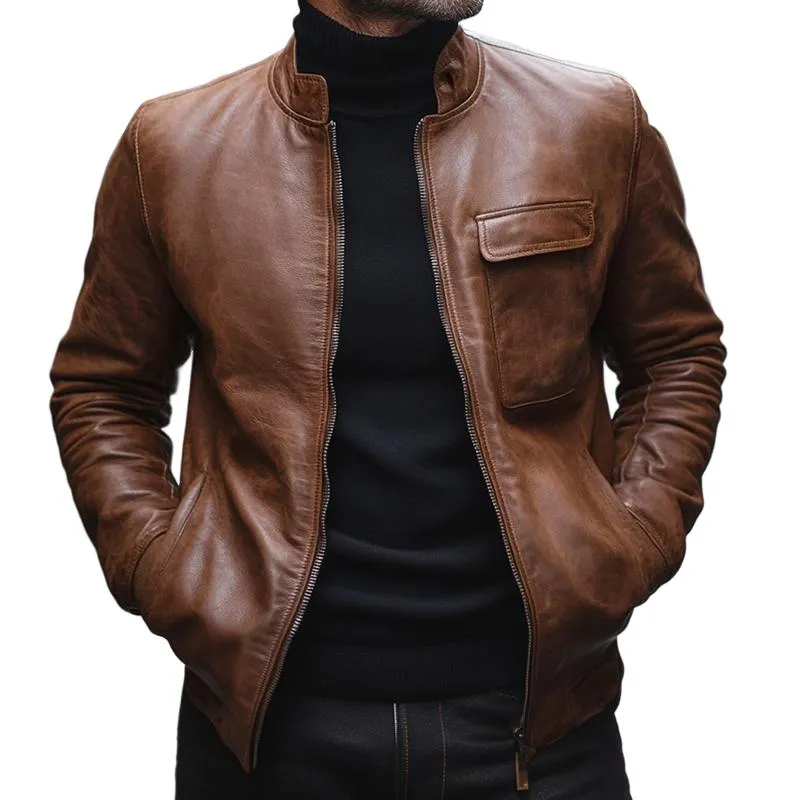 Men's Vintage Casual Lapel Pocket Zipper Leather Jacket 33158219TO sold by Manly