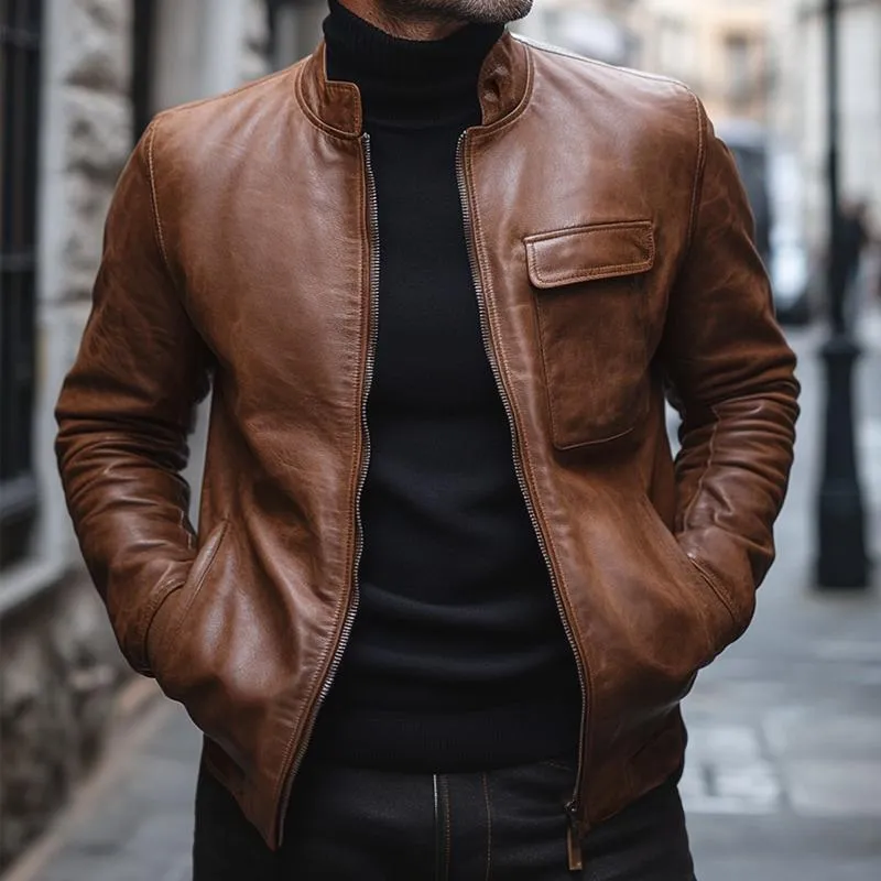 Men's Vintage Casual Lapel Pocket Zipper Leather Jacket 33158219TO sold by Manly product image thumbnail 2