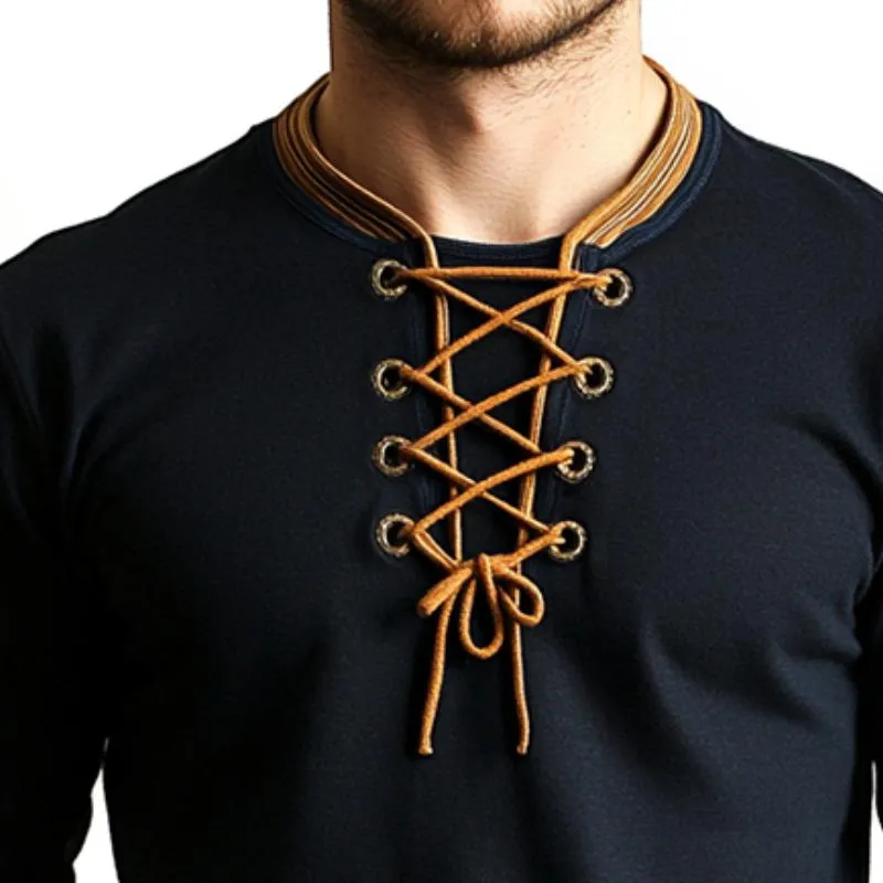 Men's Retro Casual Solid Color Lace-up Long Sleeve T-shirt 45801621TO sold by Manly product image thumbnail 2