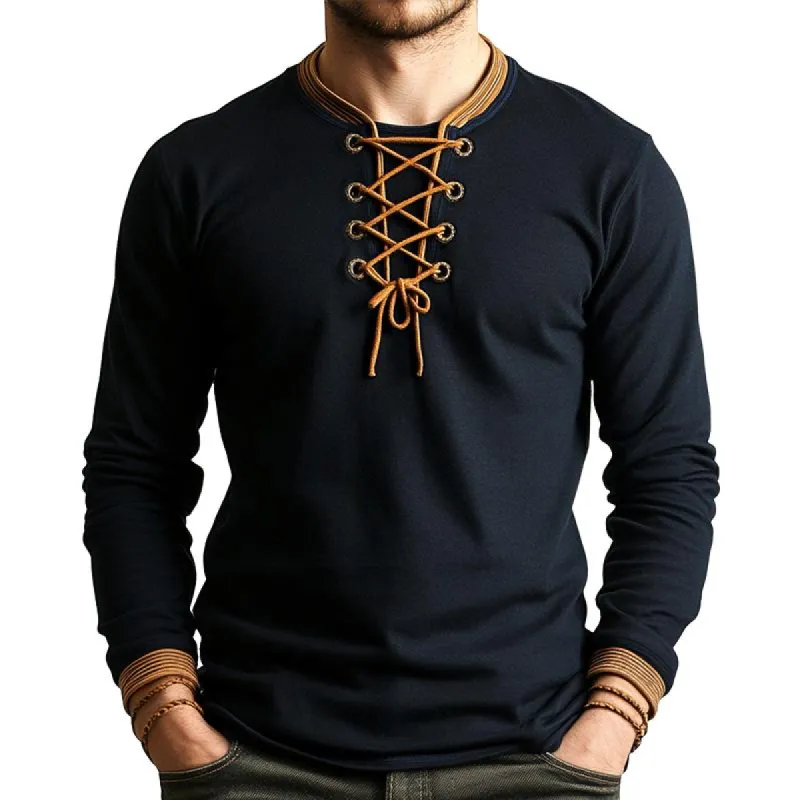 Men's Retro Casual Solid Color Lace-up Long Sleeve T-shirt 45801621TO sold by Manly