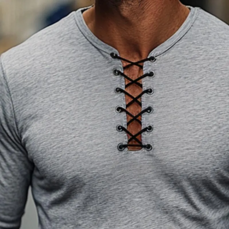 Men's Retro Casual Solid Color Lace-up Long Sleeve T-shirt 95357531TO sold by Manly product image thumbnail 3