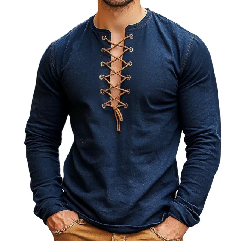 Men's Retro Casual Solid Color Lace-up Long Sleeve T-shirt 56926737TO sold by Manly