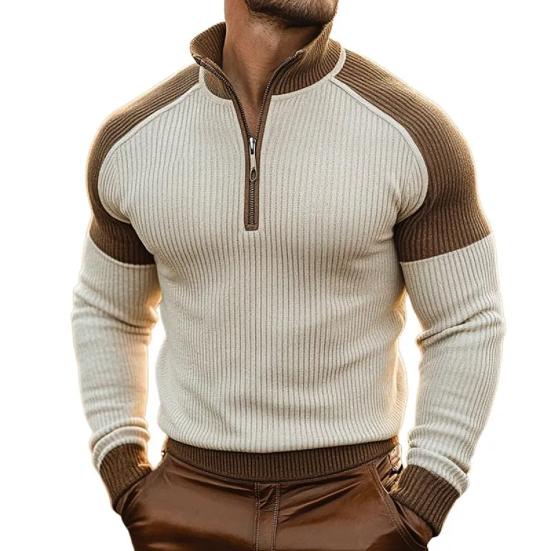 Men's Retro Casual Colorblock Stand Collar Zipper Sweater 30699496TO sold by Manly