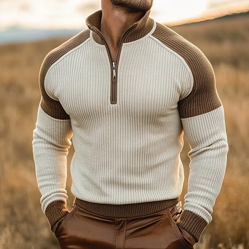 Men's Retro Casual Colorblock Stand Collar Zipper Sweater 30699496TO sold by Manly product image thumbnail 2