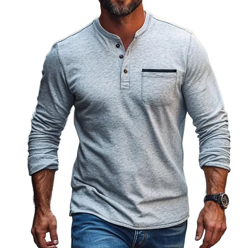 Men's Vintage Casual Pocket Henley Neck Long Sleeve T-Shirt 79841930TO sold by Manly