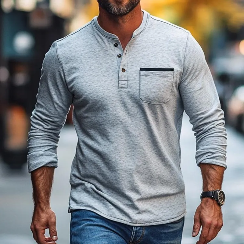 Men's Vintage Casual Pocket Henley Neck Long Sleeve T-Shirt 79841930TO sold by Manly product image thumbnail 2