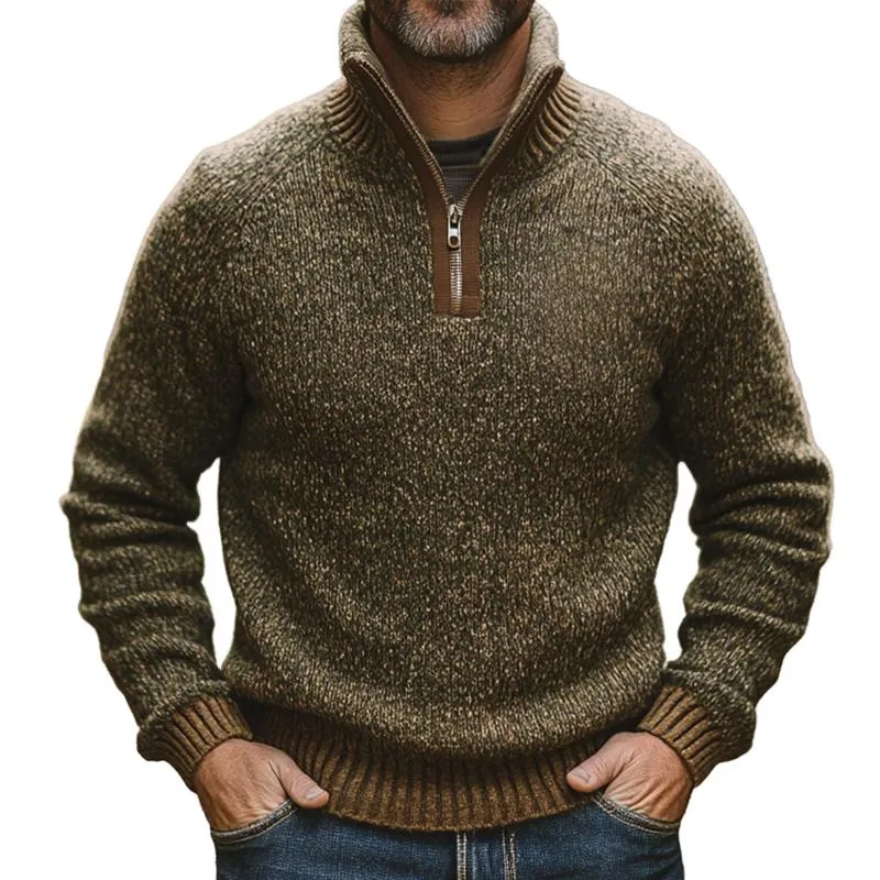 Men's Retro Casual Heathered Stand Collar Zipper Sweater 52373295TO sold by Manly