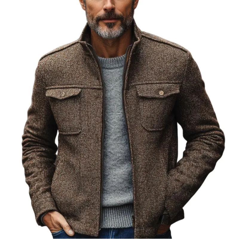 Men's Vintage Herringbone Stand Collar Double Chest Pockets Thin Jacket 61939702Y sold by Manly