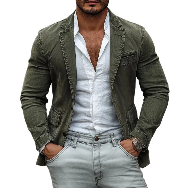 Men's Vintage Cotton Washed Notch Lapel Zipper Chest Pocket Two Buttons Casual Blazer 47371197Z sold by Manly
