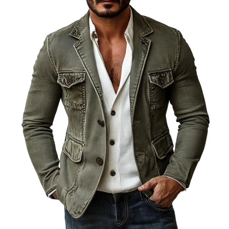 Men's Vintage Cotton Washed Notch Lapel Multi-pocket Casual Blazer 81573738Z sold by Manly
