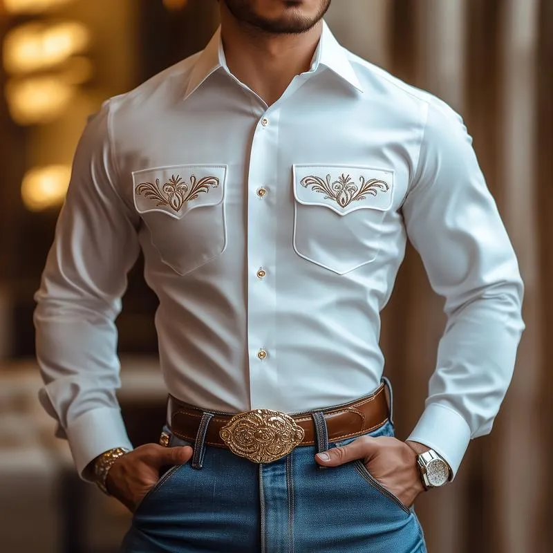 Men's Vintage Embroidered Pockets Lapel Long Sleeve Shirt 78447013Z sold by Manly product image thumbnail 2