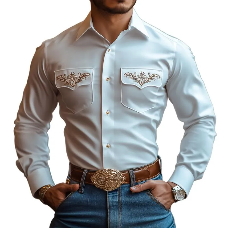 Men's Vintage Embroidered Pockets Lapel Long Sleeve Shirt 78447013Z sold by Manly