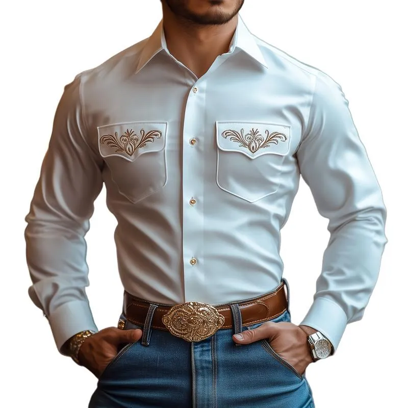 Men's Vintage Embroidered Pockets Lapel Long Sleeve Shirt 78447013Z sold by Manly