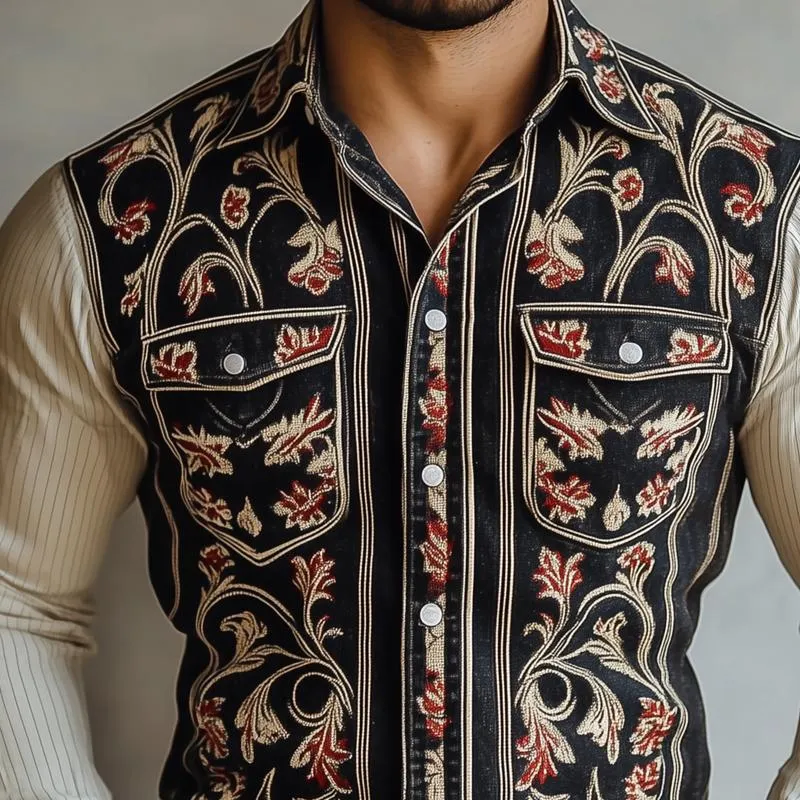 Men's Western Style Graphic Lapel Chest Pocket Long Sleeve Shirt 53586709Z sold by Manly product image thumbnail 3