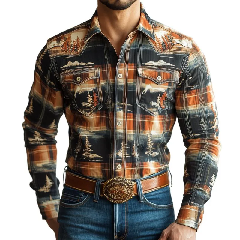Men's Western Style Graphic Lapel Chest Pocket Long Sleeve Shirt 76647154Z sold by Manly