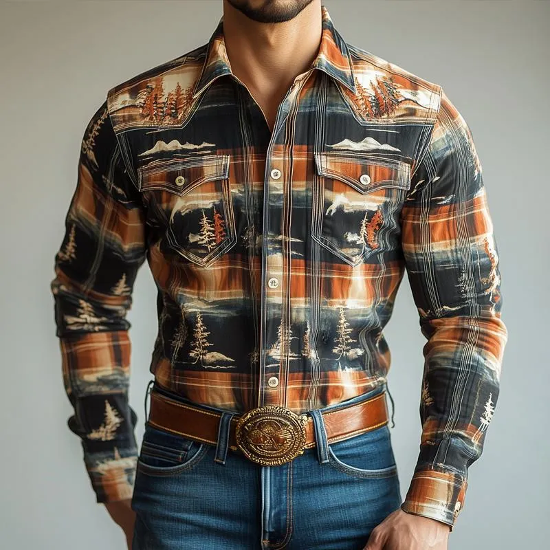 Men's Western Style Graphic Lapel Chest Pocket Long Sleeve Shirt 76647154Z sold by Manly product image thumbnail 2