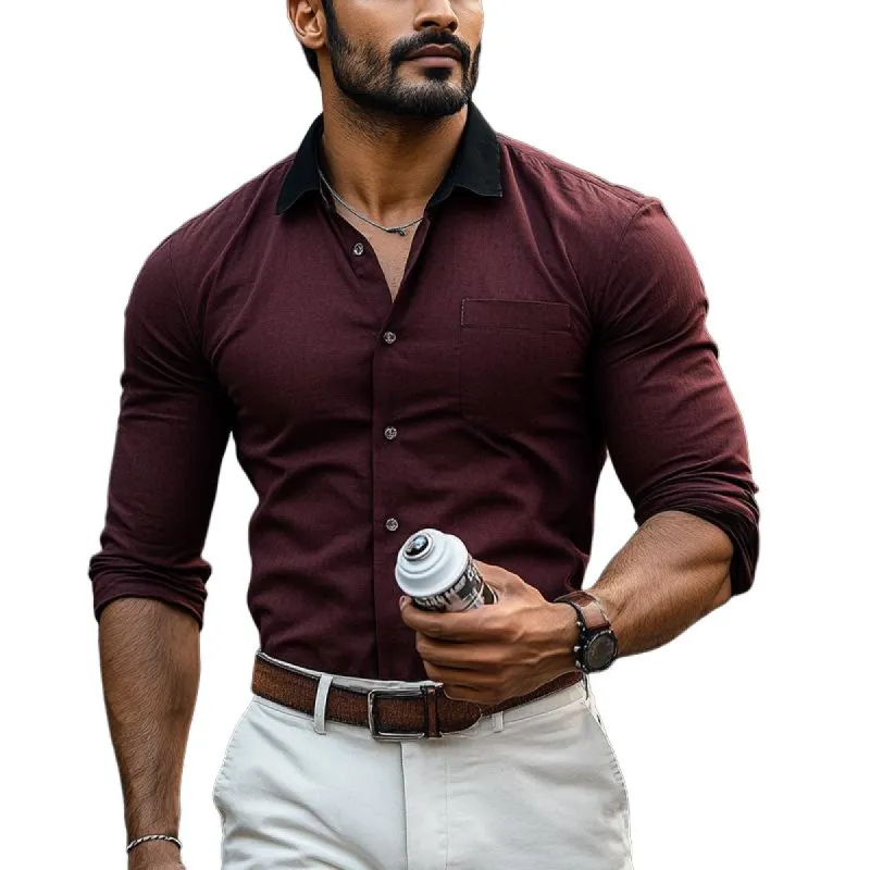 Men's Retro Dark Red Patchwork Collar Long Sleeve Shirt 97858778U sold by Manly