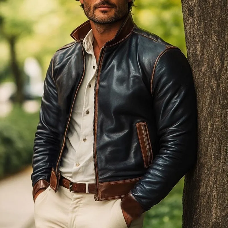 Men's Vintage Stand Collar Leather Jacket 21821065U sold by Manly product image thumbnail 2