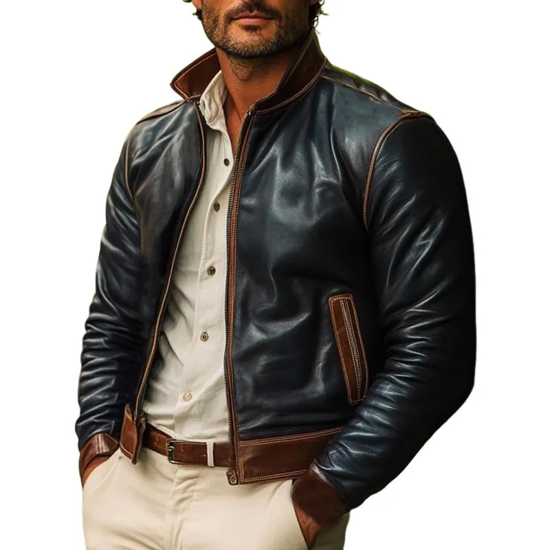 Men's Vintage Stand Collar Leather Jacket 21821065U sold by Manly