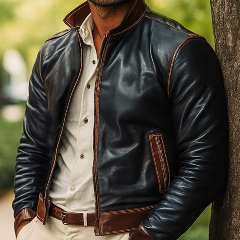 Men's Vintage Stand Collar Leather Jacket 21821065U sold by Manly product image thumbnail 3