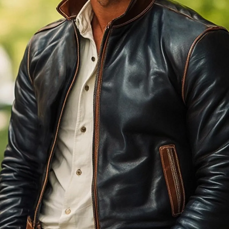 Men's Vintage Stand Collar Leather Jacket 21821065U sold by Manly product image thumbnail 4