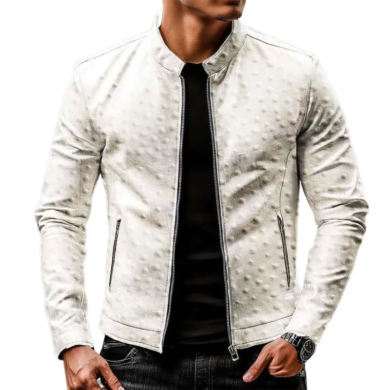 Men's Classic Casual Slim Fit Stand Collar Textured Leather Jacket 77367727K sold by Manly