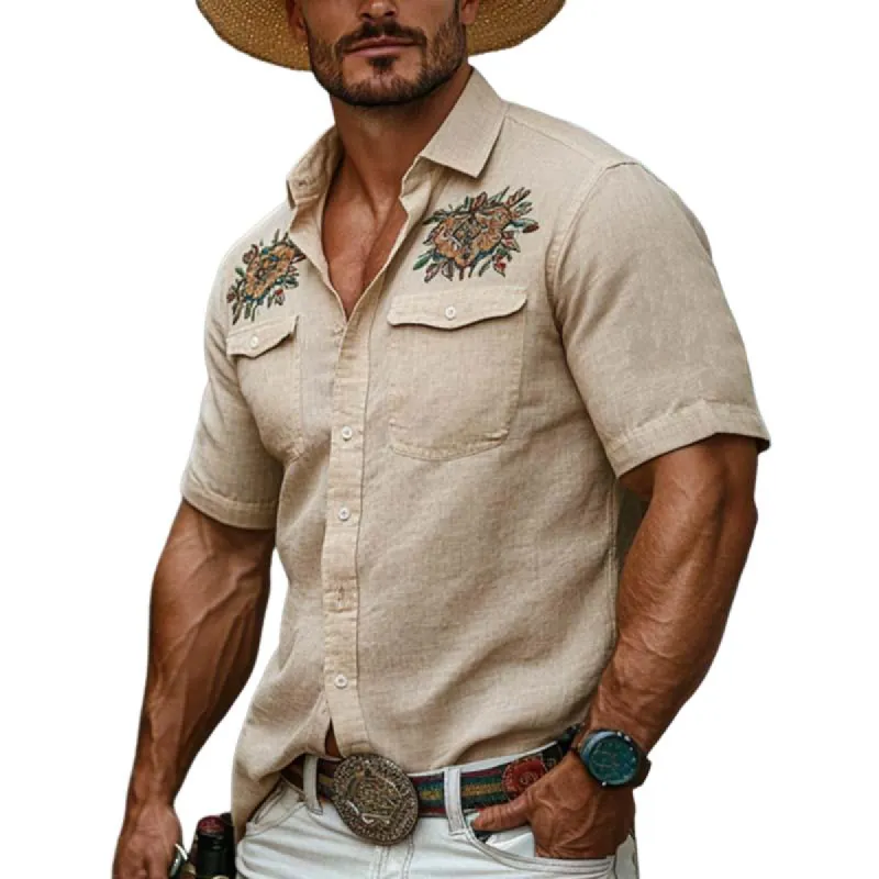 Men's Classic Vintage Slim Fit Pocket Embroidered Linen Shirt 26438323K sold by Manly