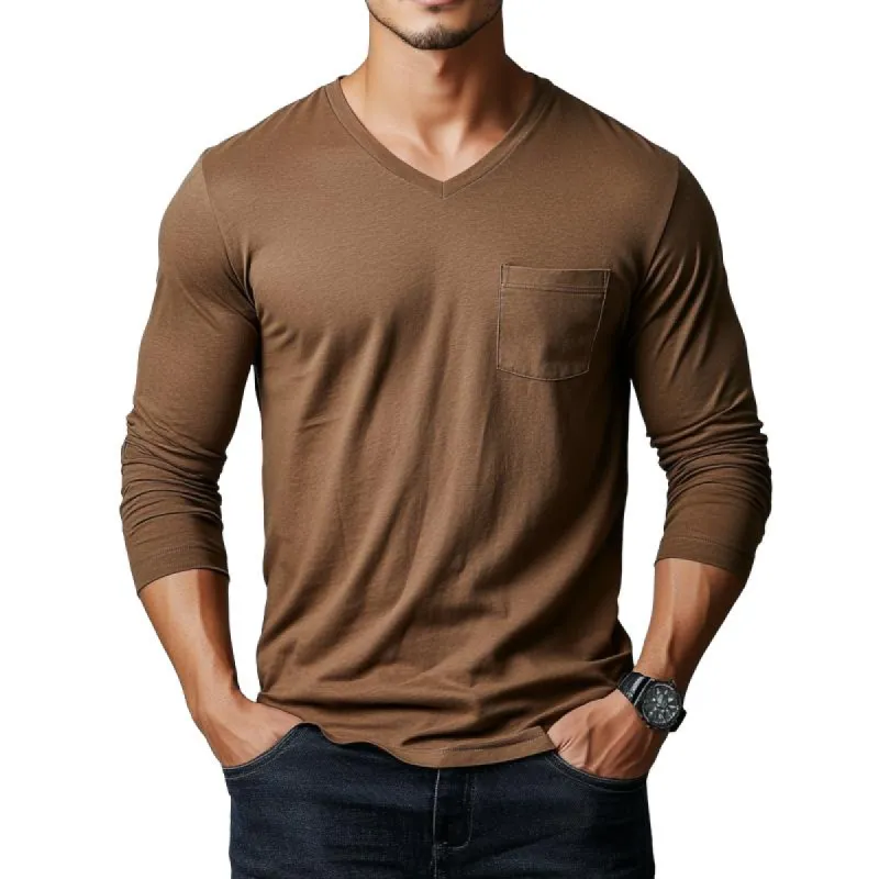 Men's Classic Casual V-Neck Pocket Cotton Long Sleeve T-Shirt 51687855K sold by Manly