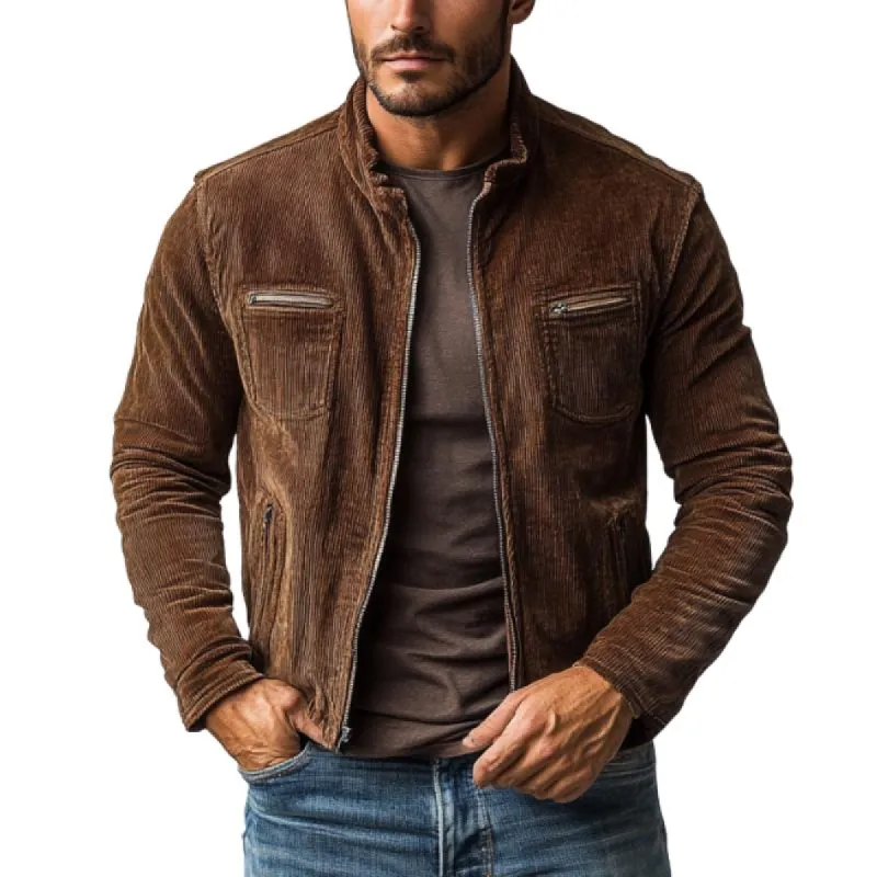 Men's Vintage Corduroy Zipper Stand Collar Short Jacket 10942384Y sold by Manly