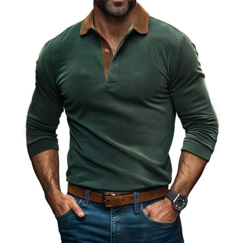 Men's Vintage Colorblock Corduroy Long Sleeve Polo Shirt 78148964Y sold by Manly