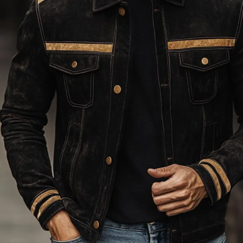 Men's Vintage Suede Colorblock Multi-Pocket Lapel Jacket 79066370Y sold by Manly product image thumbnail 2