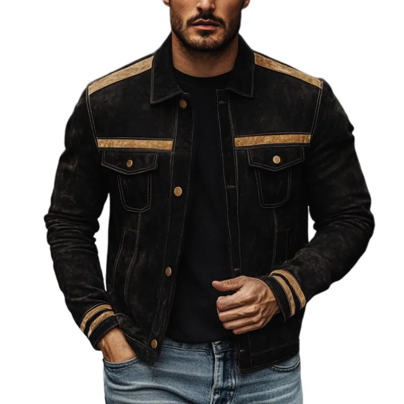 Men's Vintage Suede Colorblock Multi-Pocket Lapel Jacket 79066370Y sold by Manly