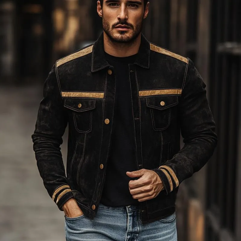 Men's Vintage Suede Colorblock Multi-Pocket Lapel Jacket 79066370Y sold by Manly product image thumbnail 3