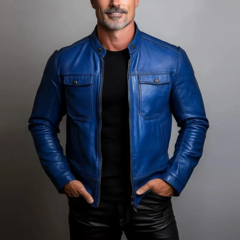 Men's Vintage Casual Stand Collar Double Chest Pockets Leather Jacket 96709632Y sold by Manly product image thumbnail 3