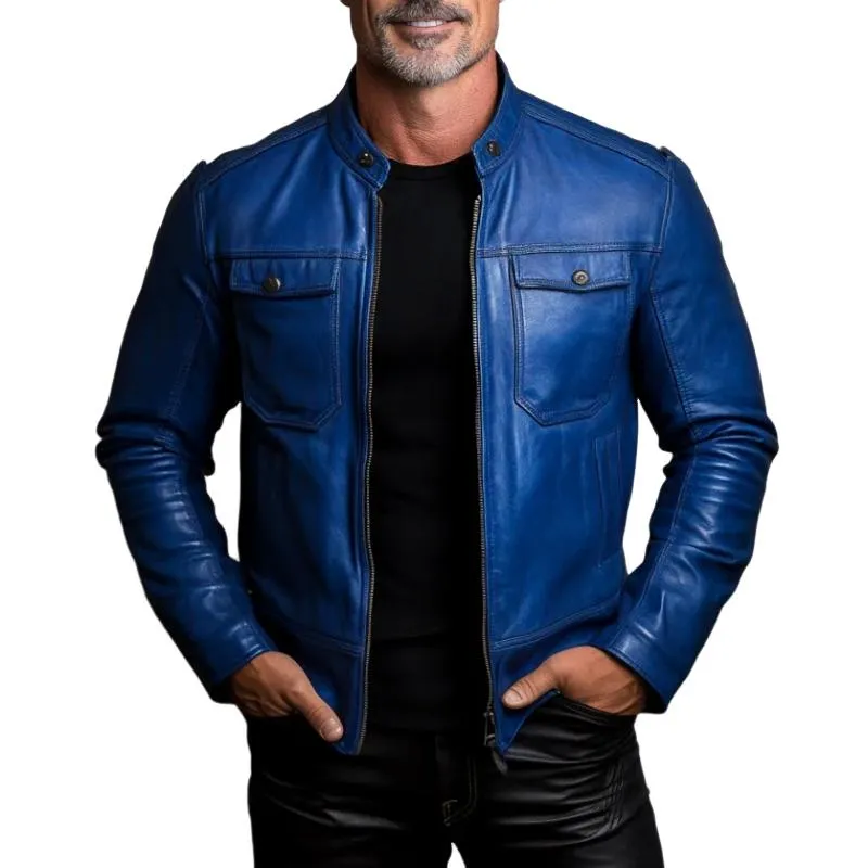 Men's Vintage Casual Stand Collar Double Chest Pockets Leather Jacket 96709632Y sold by Manly
