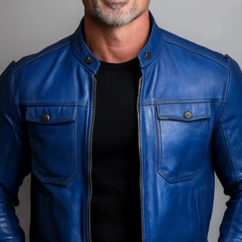 Men's Vintage Casual Stand Collar Double Chest Pockets Leather Jacket 96709632Y sold by Manly product image thumbnail 2